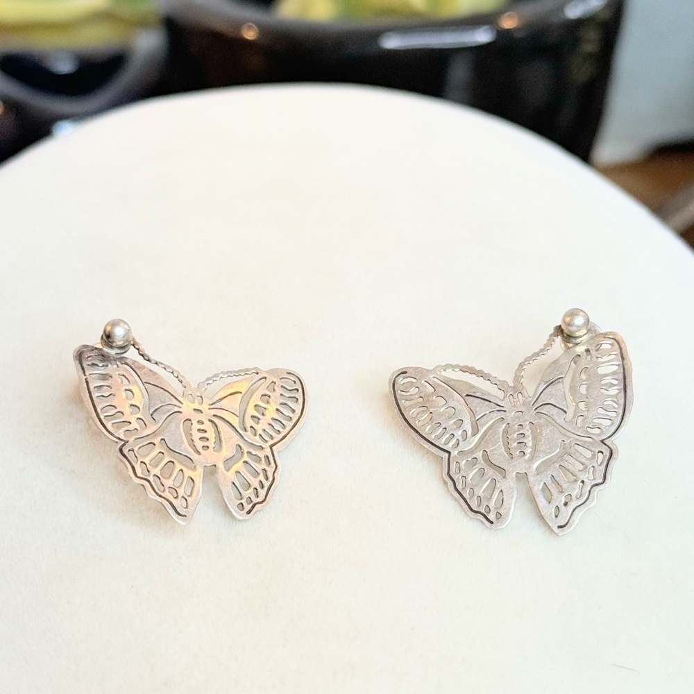 Sterling Silver Butterfly Stud Earrings Filigree Cutout Small Vintage